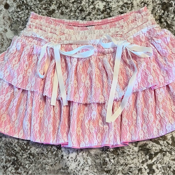 XL SHEIN MOD Knot Front Ruched Two Layer Hem Sexy Pink Lace Skirt Bows Kawaii - Picture 2 of 10